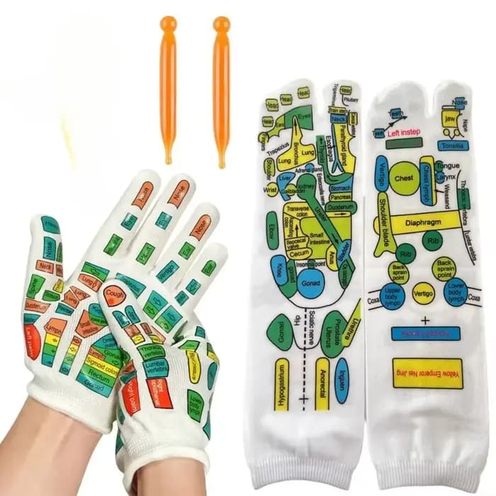 Lot de 6/2 paires de chaussettes et gants d'acupression double face colorés – Réflexologie, massage des pieds et des mains, soulagement de la fatigue et des douleurs, outil de soin des pieds