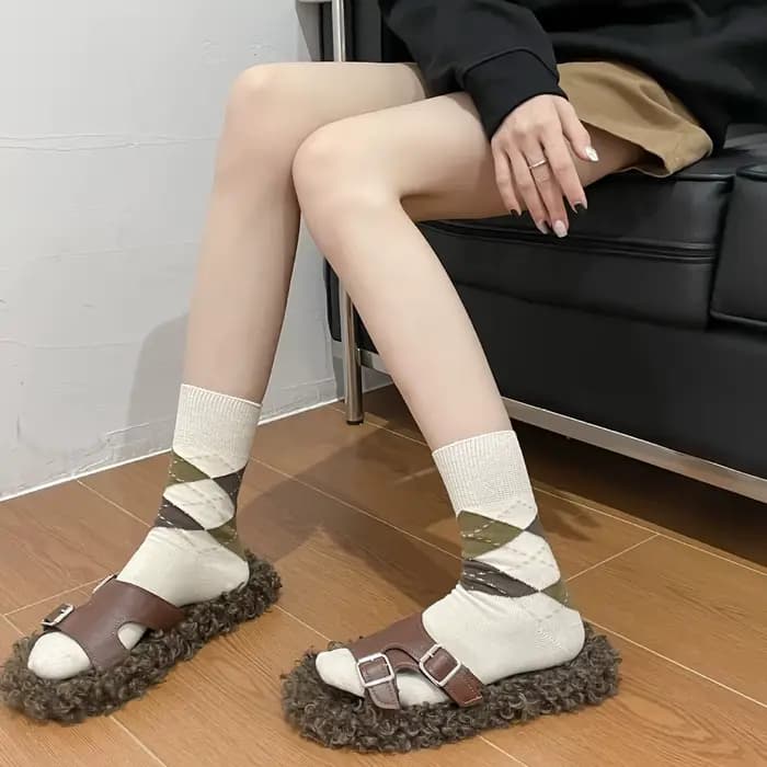 Chaussettes mi-mollet respirantes à motif losanges pour femme, collection Printemps-Été, couleur unie simple, style rétro preppy britannique, chaussettes en molleton, vente en gros