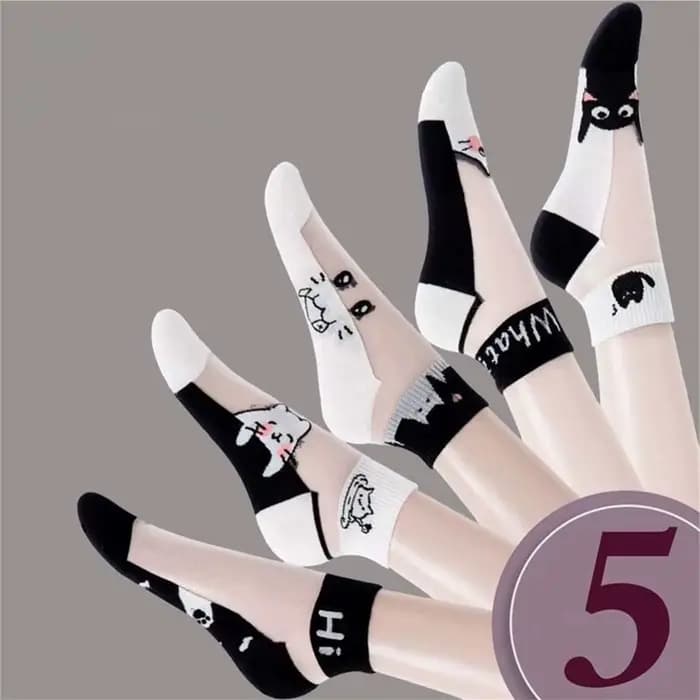 Dreamlikelin 5 paires/lot chaussettes d'été noir et blanc chat verre soie respirant femme