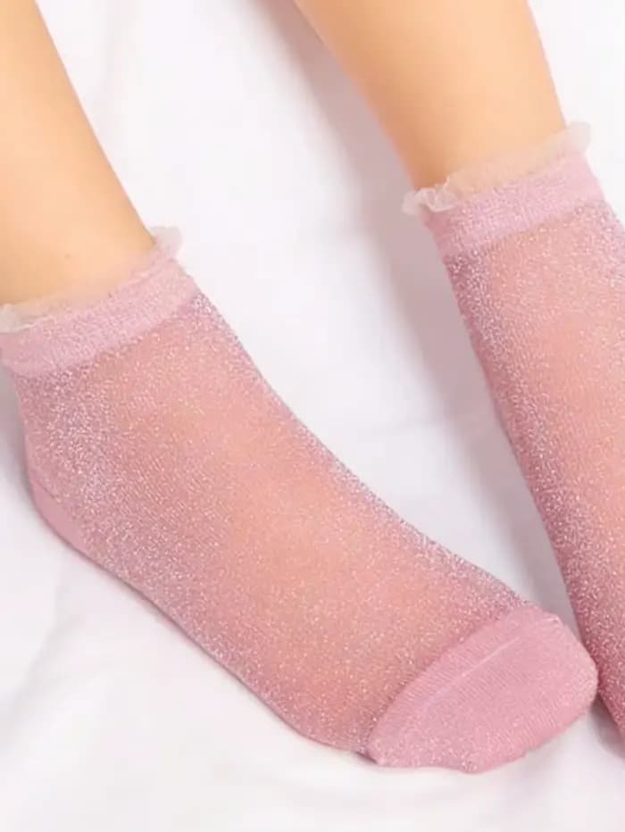 1/2/3 paires de chaussettes courtes en maille rose à paillettes pour femmes | Bordure en dentelle à volants | Kawaii