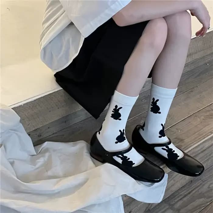 Chaussettes mi-mollet pour femmes, motif lapin mignon, en coton, respirantes, couleur unie, style simple et tendance, collection Printemps-Été, vente en gros