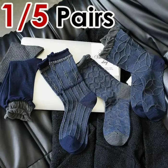 1/5 paires bleu marine rétro femmes mi Tube chaussettes à la mode Texture classique bords roulés pour toutes les