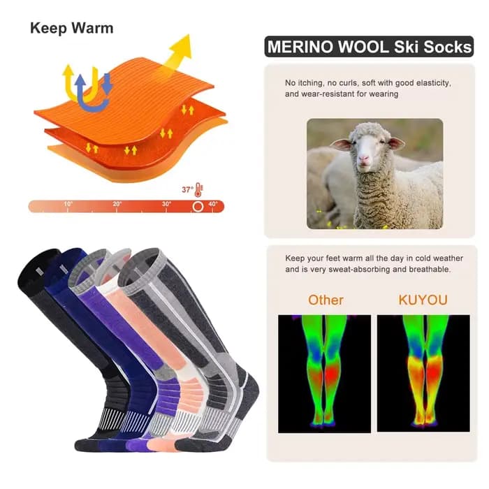 Chaussettes thermiques longues en laine mérinos pour hommes et femmes
