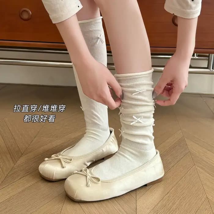 Chaussettes pour femmes, style ballet, chaussettes en tissu éponge, longues avec nœud, style étudiant, faciles à assortir, fines et style été