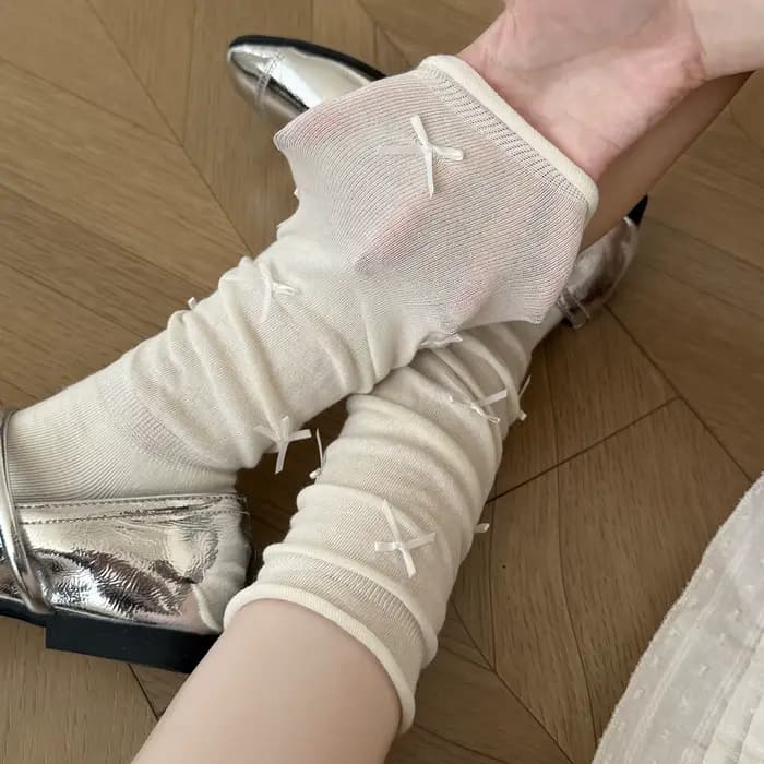 Chaussettes pour femmes, style ballet, chaussettes en tissu éponge, longues avec nœud, style étudiant, faciles à assortir, fines et style été