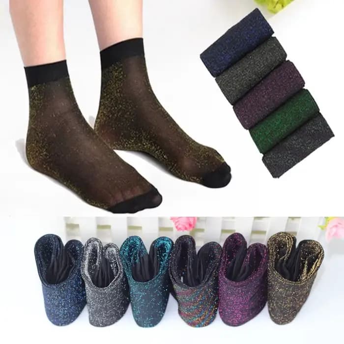 5 paires de chaussettes à paillettes pour femmes, chaussettes courtes en soie, brillantes, Harajuku, douces, amusantes, bonneterie élastique transparente
