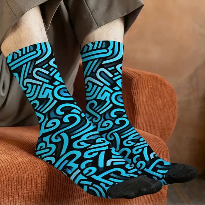 Chaussettes mi-mollet pour hommes à imprimé lignes abstraites bleues et noires
