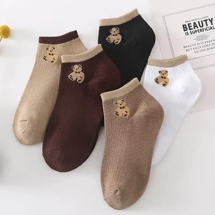 5 paires de chaussettes courtes pour femmes, motif ours en peluche mignon, à coupe basse, pour le printemps et l'été, chaussettes bateau décontractées assorties