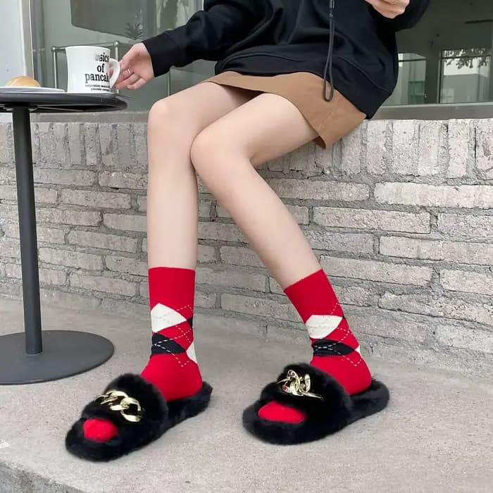 Chaussettes mi-mollet respirantes à motif losanges pour femme, collection Printemps-Été, couleur unie simple, style rétro preppy britannique, chaussettes en molleton, vente en gros