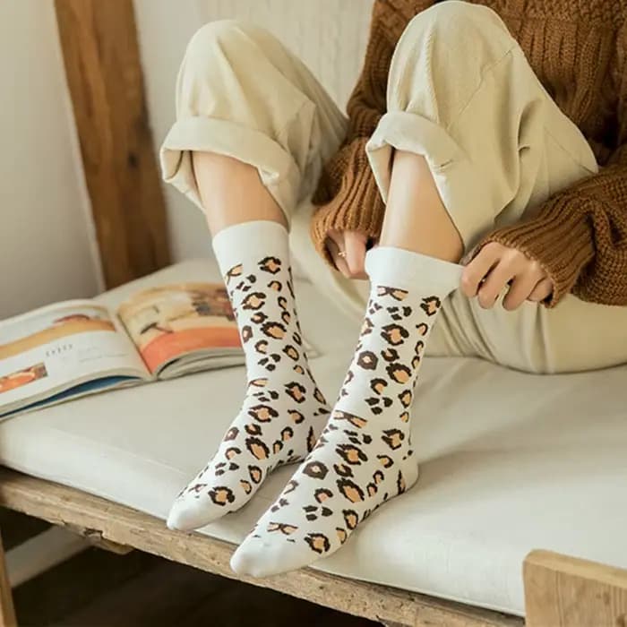 5 paires mode femmes chaussettes imprimé léopard printemps automne haute rue populaire mignon