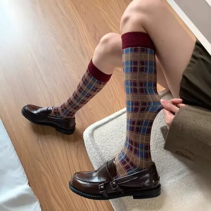  Chaussettes rétro à carreaux pour femmes