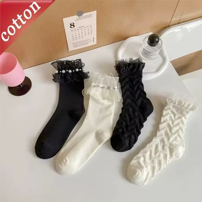 Chaussettes d'été et de printemps pour femmes, en dentelle, à bord roulé, confortables, de haute qualité, style français Sweet Lolita JK, chaussettes polyvalentes en coton perlé pour filles