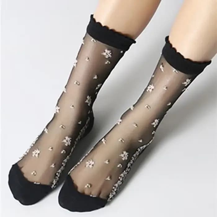 InjSocks-Chaussettes en cristal transparent ultra-mince pour femmes, Chaussettes en verre d'été, Chaussettes d'astronomie en coton, Broderie florale, Rétro Harajuku