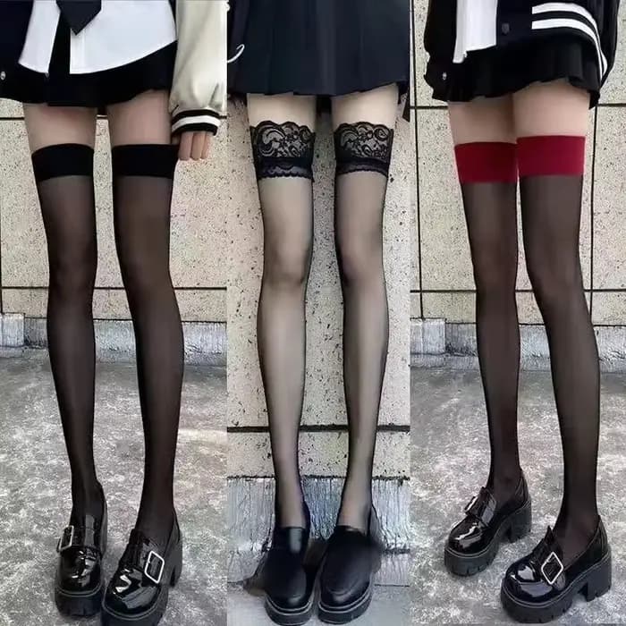 Sexy bord rouge nouveau sur le genou chaussettes longues dentelle gothique Transparent cuisse haute bas femmes Punk JK mince soie solide bonneterie