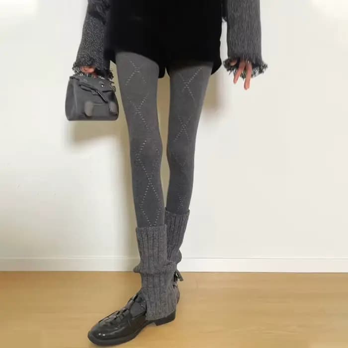 Collants amincissants à motifs de diamants ajourés gris pour femmes