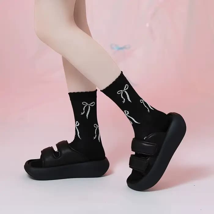 Chaussettes pour femmes style ballet, respirantes, tendance, couleur unie, printemps-été, mi-mollet, fines, en coton, avec nœud, vente en gros