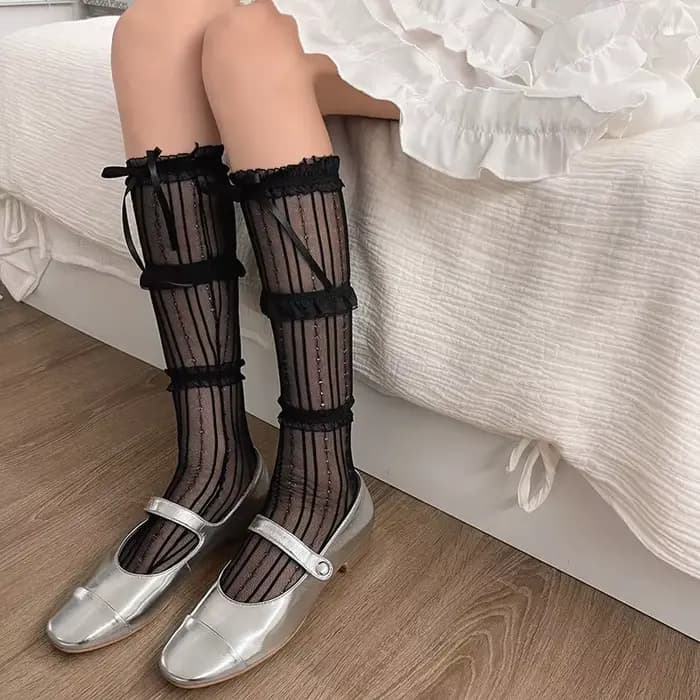 Chaussettes respirantes en dentelle avec nœud pour femmes