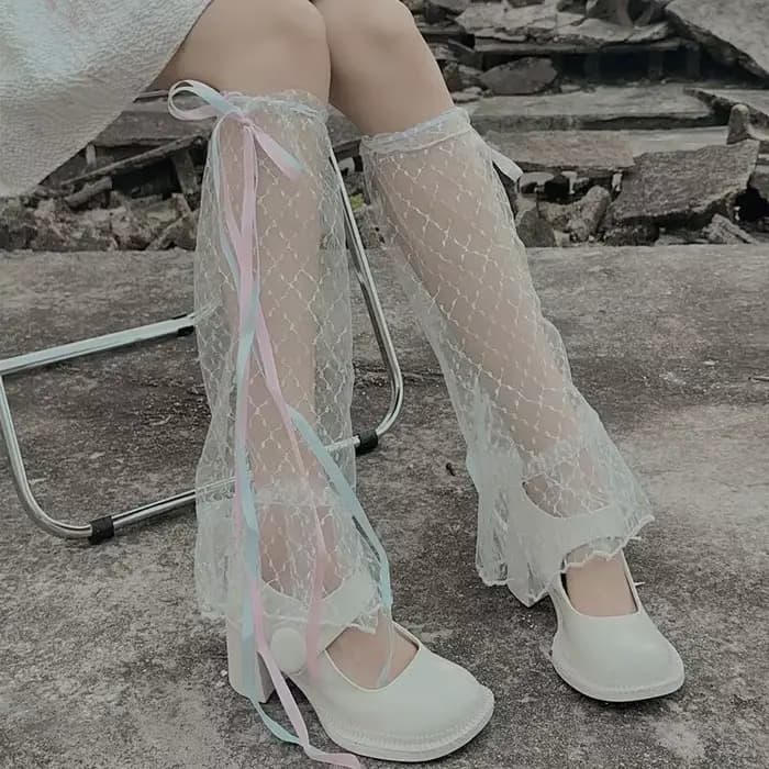 Chaussettes Lolita à nœud mi-tube, couvre-mollet, été au-dessus du genou, fines et douces pour filles, chaussettes longues creuses et Sexy pour femmes