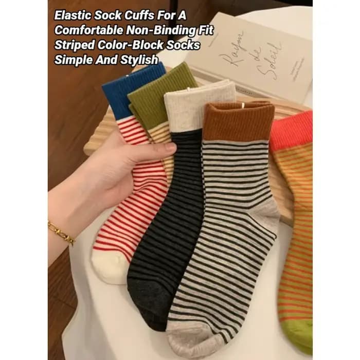 5/10 paires de chaussettes mi-tube en tricot rayé pour femmes