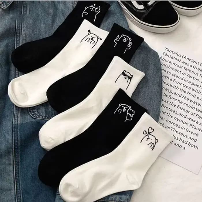Mode coréenne femmes chaussettes drôle blanc et noir dessin animé ours