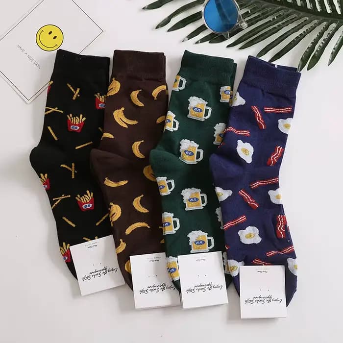 Harajuku chaussettes heureuses hommes drôle dessin animé fruit avocat banane burger frites bière biscuit poulet frit