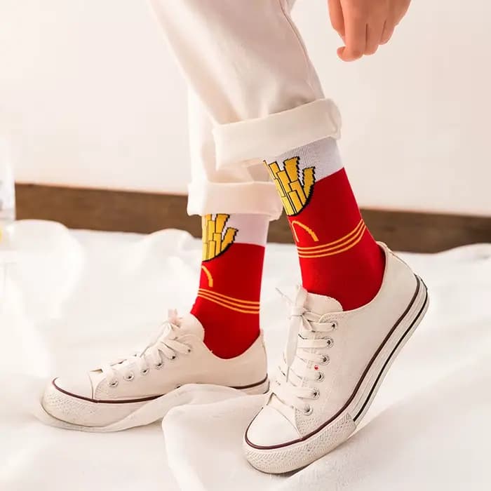 Harajuku chaussettes heureuses hommes drôle dessin animé fruit avocat banane burger frites bière biscuit poulet frit