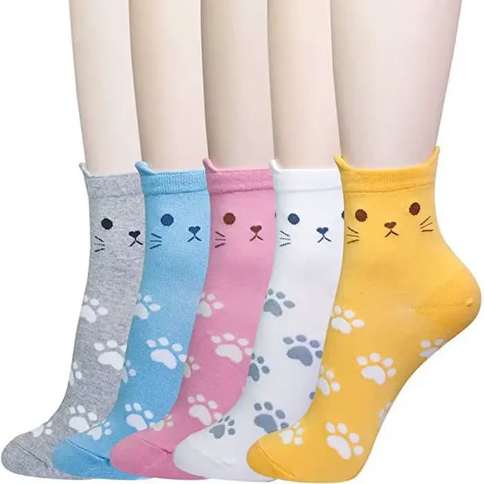 5 paires de chaussettes pour femmes en coton avec motif de pattes de chat