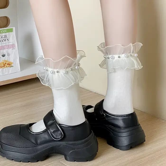 Chaussettes d'été et de printemps pour femmes, en dentelle, à bord roulé, confortables, de haute qualité, style français Sweet Lolita JK, chaussettes polyvalentes en coton perlé pour filles