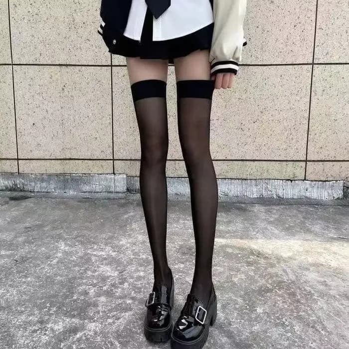 Sexy bord rouge nouveau sur le genou chaussettes longues dentelle gothique Transparent cuisse haute bas femmes Punk JK mince soie solide bonneterie