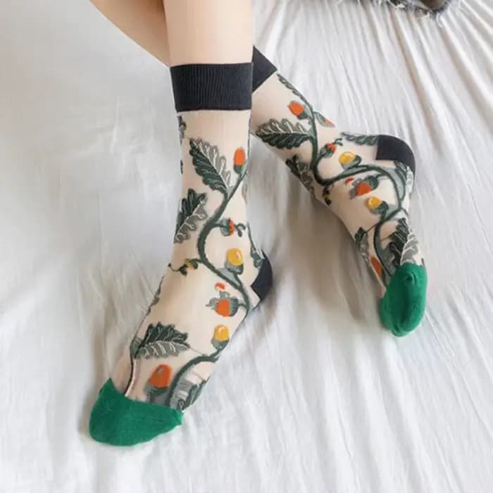 5 paires/ensemble France Hipster Design verre soie fleur oiseau drôle chaussettes femmes Transparent Art cheville