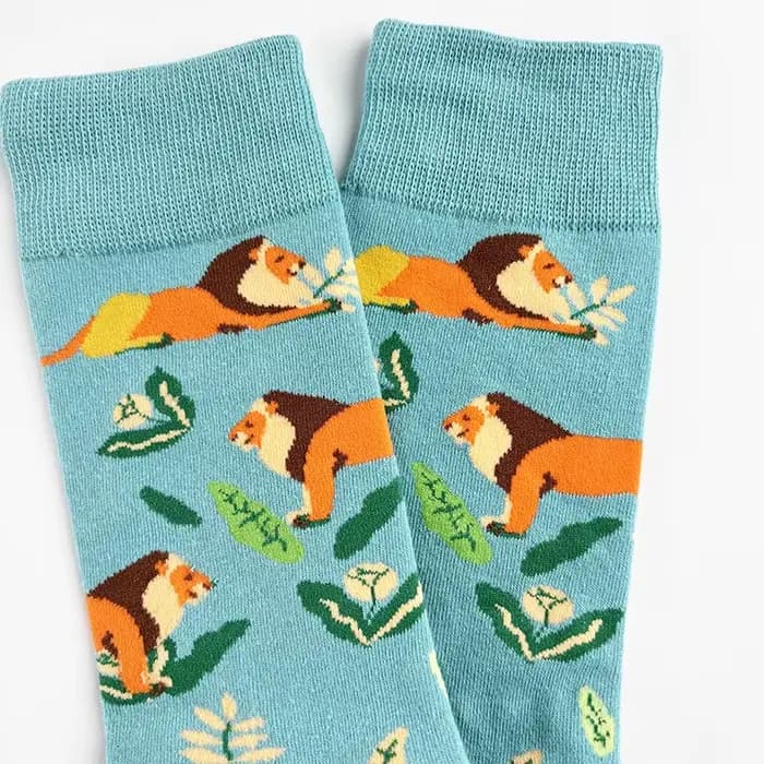 1 paire de chaussettes pour femmes, motif lion de la savane, couleur bleu menthe, bloc de couleur, mi-mollet, coton, tendance, dessin animé
