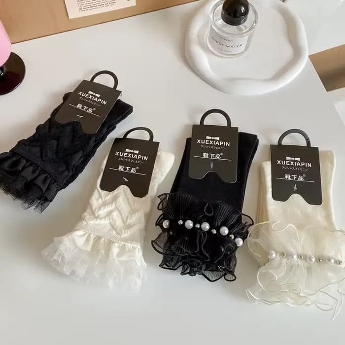 Chaussettes d'été et de printemps pour femmes, en dentelle, à bord roulé, confortables, de haute qualité, style français Sweet Lolita JK, chaussettes polyvalentes en coton perlé pour filles