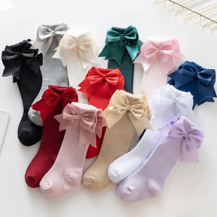Chaussettes hautes en coton pour bébés filles de 0 à 7 ans, avec nœud mignon, couleur unie, respirantes