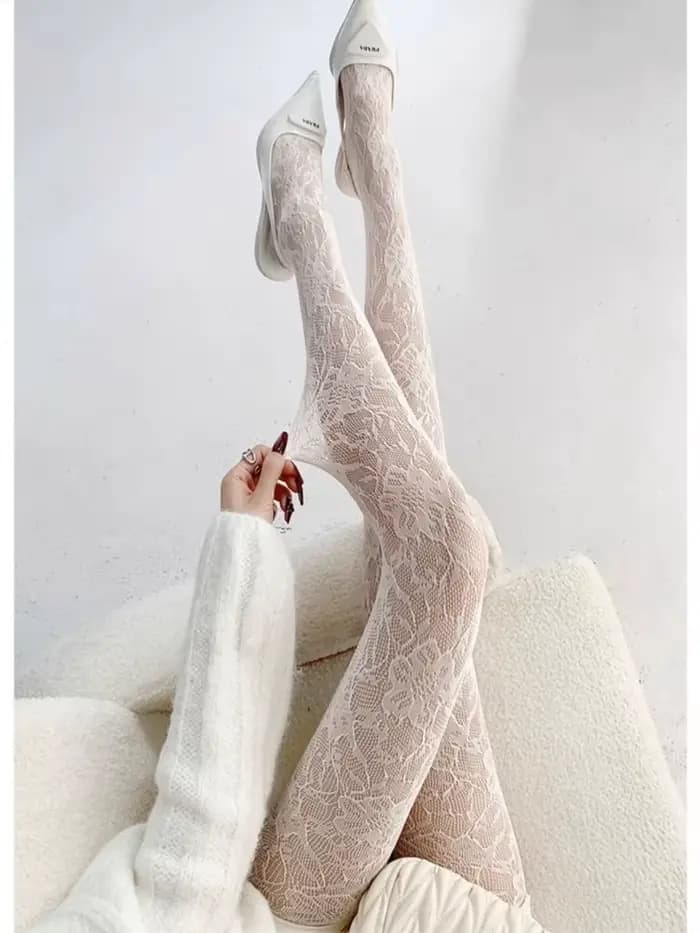 Collants résille blancs sexy pour femme, fins, à motif floral, élastiques, amincissants, taille haute, ajourés, pour l'été