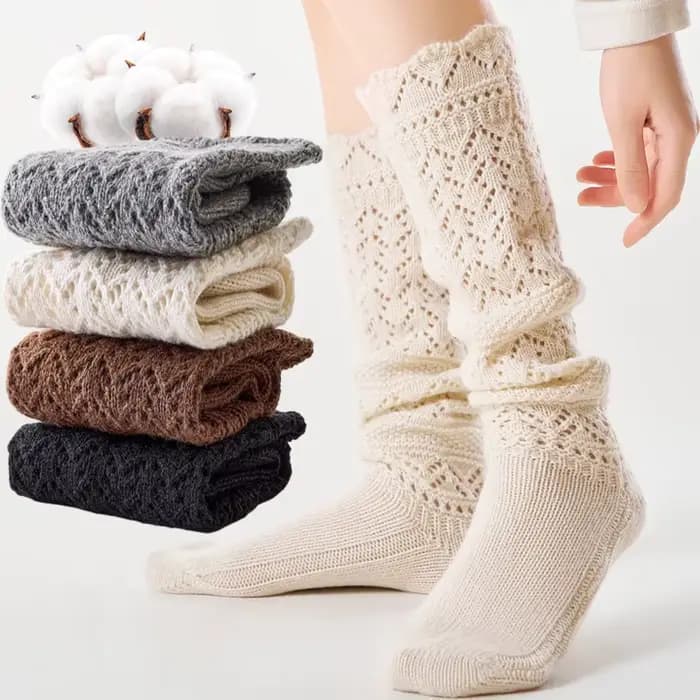 Chaussettes tricotées rétro en Relief pour femmes, chaussettes empilées au mollet ajouré, chaudes, mode hiver, bonneterie haute, bas longs Vintage