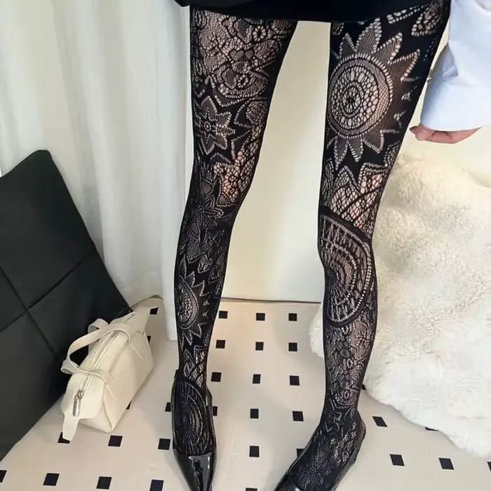 Nouveauté 2026 Collants résille rouges motif tournesol pour femme