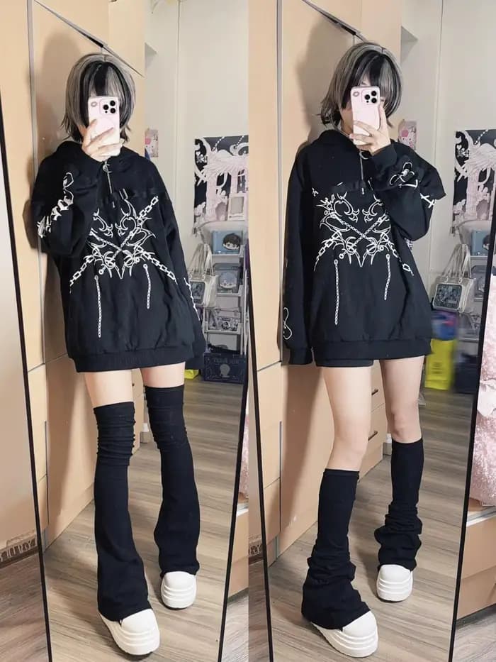 Chaussettes hautes noires solides pour fille épicée subculturelle japonaise