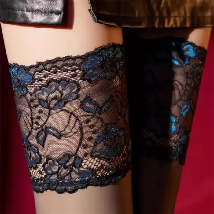 Bas cuissardes rétro bleu et rouge à motif floral de 15 cm de large avec dentelle
