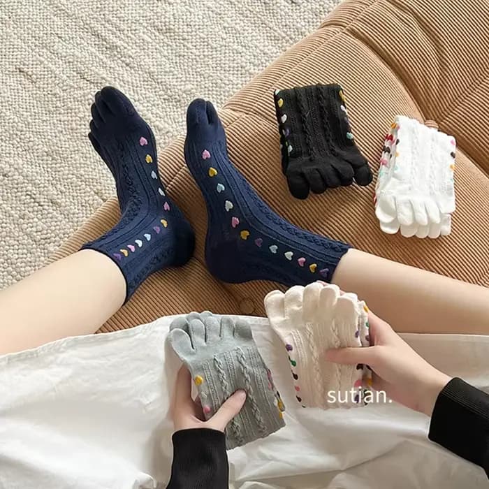 1/5 paires 5 doigts chaussettes femmes fille coton 3D Jacquard Vintage mignon amour coloré doux élastique absorbant la sueur orteil heureux chaussettes