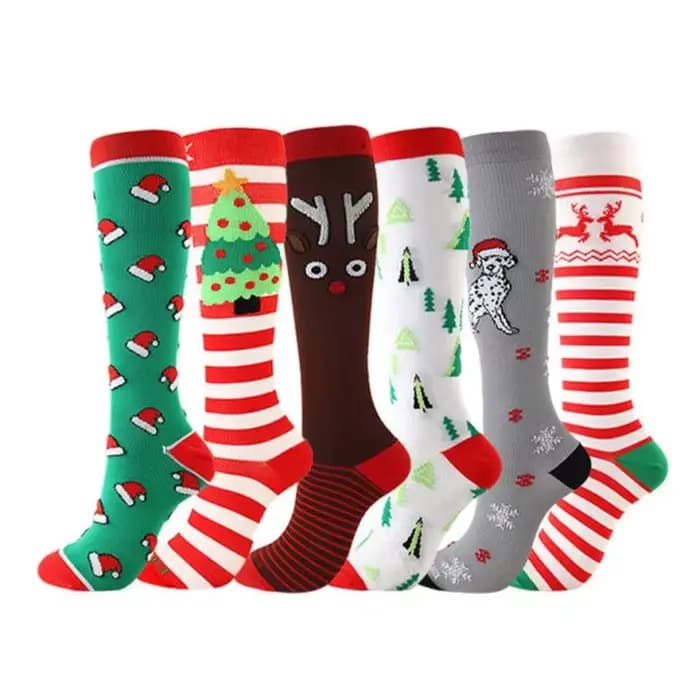 HYSAfeast-Chaussettes hautes de compression de Noël pour hommes et femmes, chaussettes de course en nylon, chaussettes de sport à motif de compression, chaussettes de course hautes au genou