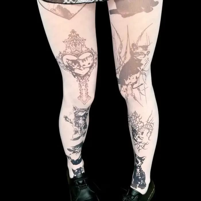 Y2K chaussettes style classique mignon chat imprimé combinaison femme japonais doux Kawaii coupe ajustée Lolita cuisse
