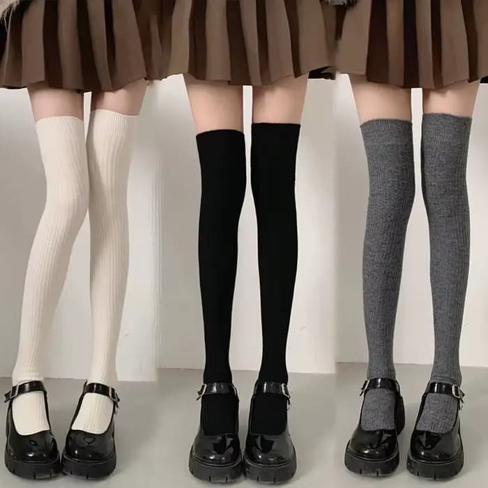 Chaussettes femme automne et hiver épais chaud couleur unie genou haut bas noir blanc rayures verticales cuisse haute