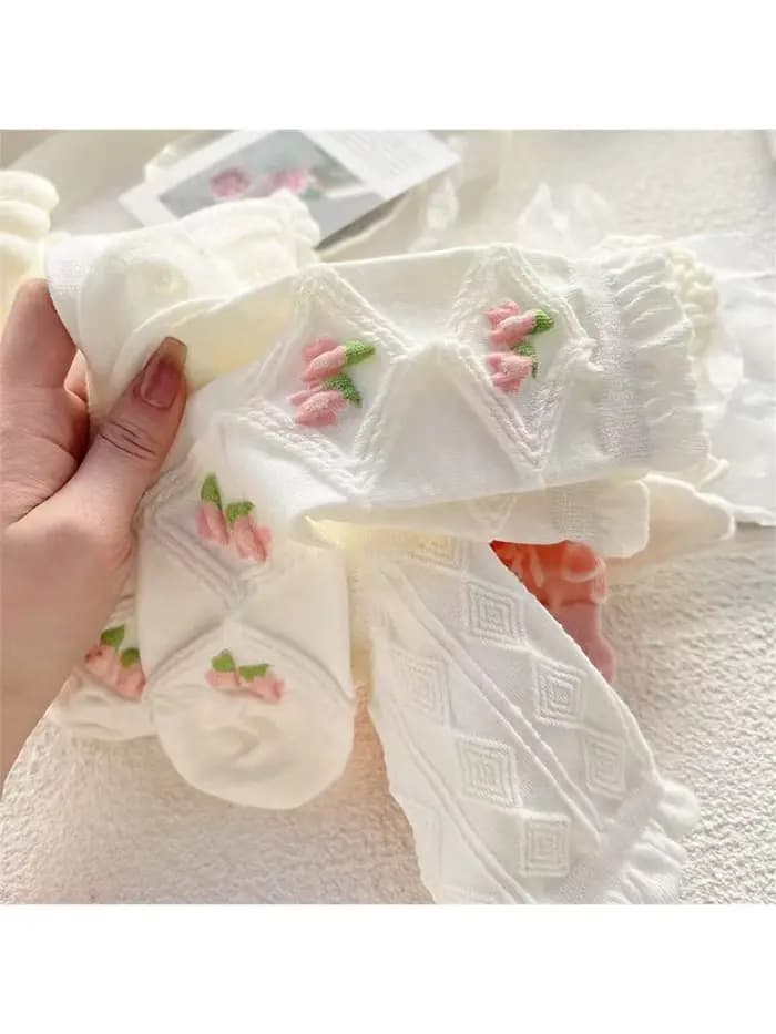 5 paires de chaussettes mi-longues en dentelle rose et blanche pour fille, à motifs de diamants, à fleurs, roses et mignonnes