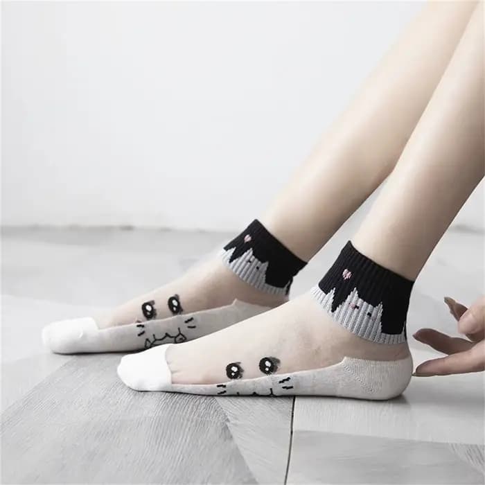 Dreamlikelin 5 paires/lot chaussettes d'été noir et blanc chat verre soie respirant femme