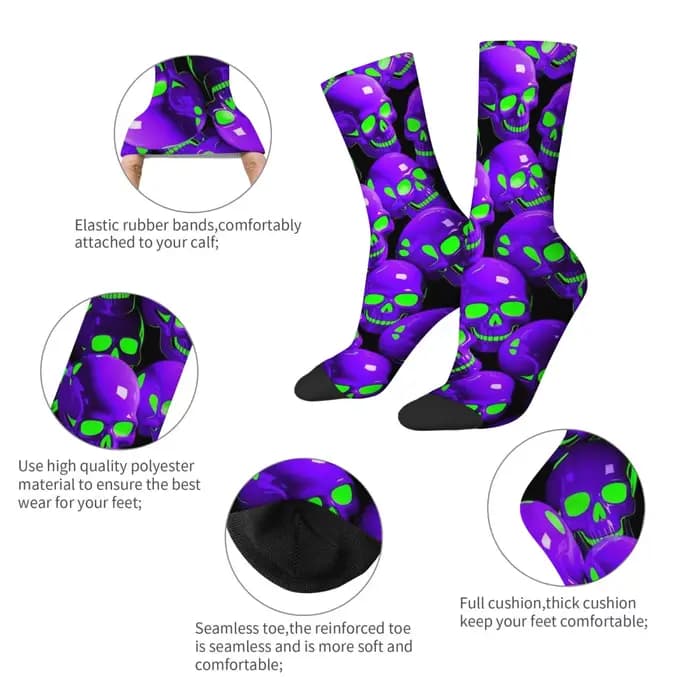Chaussettes à motif de crâne violet néon, extensibles, légères, confortables, pour usage quotidien, pour hommes, cyclisme, randonnée, festivals de musique, chaussettes de compression originales