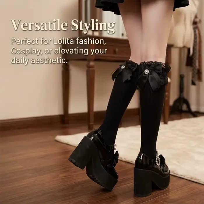 Chaussettes hautes côtelées en dentelle avec nœud pour femme