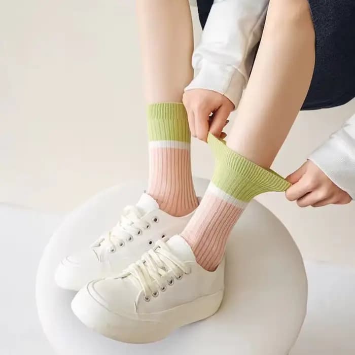 Chaussettes longues en coton rose doux pour femmes, quatre saisons, série Forest, princesse, fille, mi-tube, chaussette à rayures, mode
