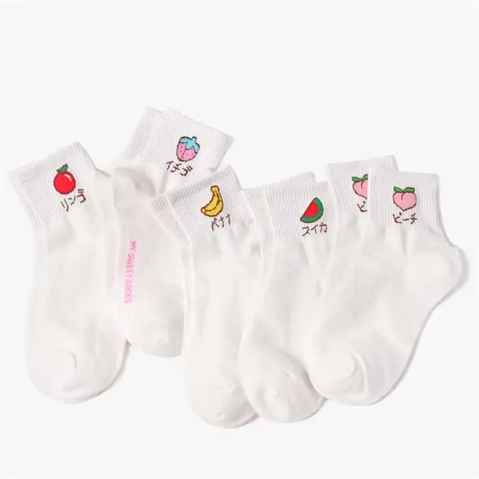 Chaussettes femmes mignon Art dessin animé fruits broderie pêche fraise pastèque banane motif chaussette courte Harajuku drôle Meias