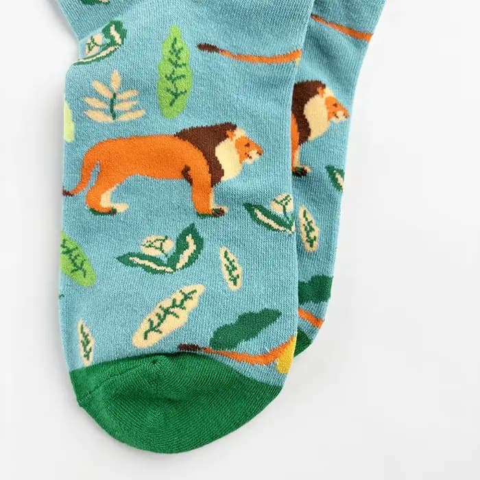 1 paire de chaussettes pour femmes, motif lion de la savane, couleur bleu menthe, bloc de couleur, mi-mollet, coton, tendance, dessin animé