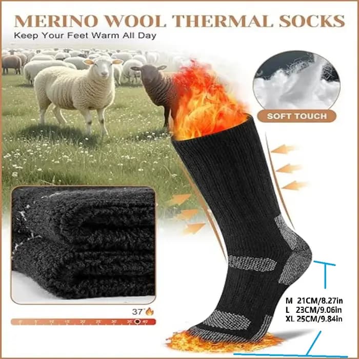 Chaussettes thermiques en laine mérinos, adaptées aux hommes et aux femmes, 3 paires de chaussettes d'hiver entièrement rembourrées, idéales pour la randonnée et le travail par temps froid